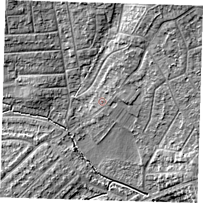 Shaded relief map of the ground around DA158JX, computed from Environment Agency LiDAR. The ground here sits at about 33 m above sea level and falls 14 m across the surrounding 800 m. Surface water reaching this point runs off ground lying to the north-east, 2.5 m higher.