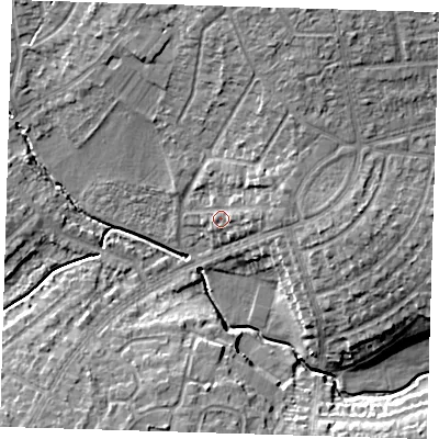 Shaded relief map of the ground around DA158NA, computed from Environment Agency LiDAR. The ground here sits at about 32 m above sea level and falls 13 m across the surrounding 800 m. Surface water reaching this point runs off ground lying to the east-north-east, 3.4 m higher.