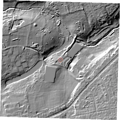Shaded relief map of the ground around DA159AW, computed from Environment Agency LiDAR. The ground here sits at about 27 m above sea level and falls 13 m across the surrounding 800 m. Surface water reaching this point runs off ground lying to the south-west, 1.6 m higher.