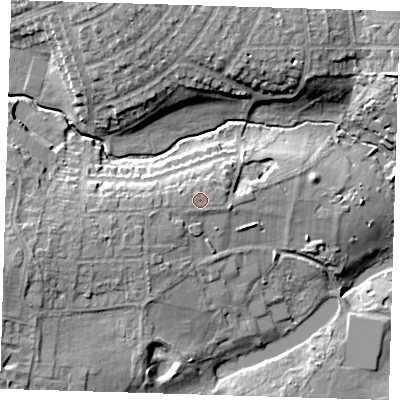 Shaded relief map of the ground around DA159DD, computed from Environment Agency LiDAR. The ground here sits at about 32 m above sea level and falls 12 m across the surrounding 800 m. The ground contributing surface water to this point lies to the west-south-west.