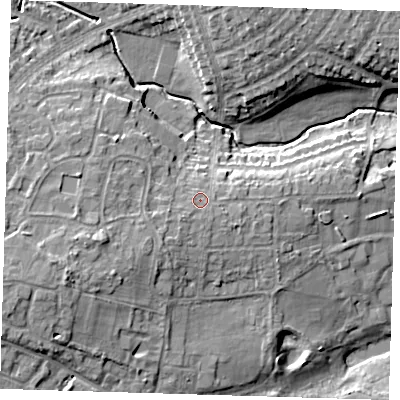 Shaded relief map of the ground around DA159DL, computed from Environment Agency LiDAR. The ground here sits at about 33 m above sea level and falls 13 m across the surrounding 800 m. Surface water reaching this point runs off ground lying to the south-west, 1.5 m higher.