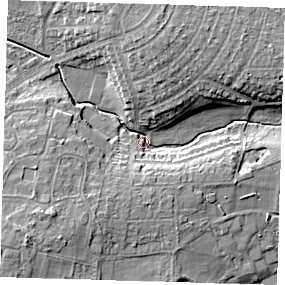 Shaded relief map of the ground around DA159DP, computed from Environment Agency LiDAR. The ground here sits at about 28 m above sea level and falls 13 m across the surrounding 800 m. Surface water reaching this point runs off ground lying to the south-west, 11.4 m higher.