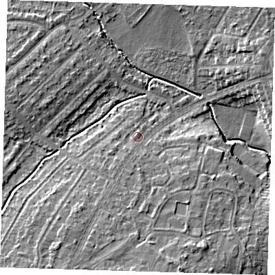 Shaded relief map of the ground around DA159EG, computed from Environment Agency LiDAR. The ground here sits at about 33 m above sea level and falls 11 m across the surrounding 800 m. Surface water reaching this point runs off ground lying to the south, 5.3 m higher.
