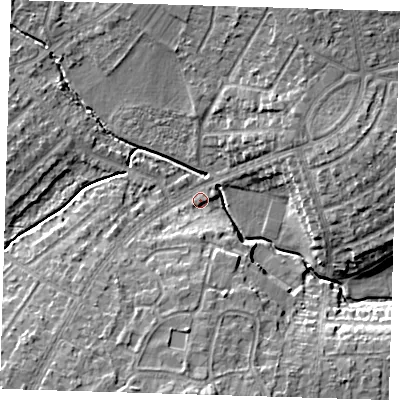Shaded relief map of the ground around DA159EN, computed from Environment Agency LiDAR. The ground here sits at about 29 m above sea level and falls 11 m across the surrounding 800 m. Surface water reaching this point runs off ground lying to the south-south-west, 9.3 m higher.