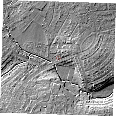 Shaded relief map of the ground around DA159EP, computed from Environment Agency LiDAR. The ground here sits at about 30 m above sea level and falls 12 m across the surrounding 800 m. Surface water reaching this point runs off ground lying to the east-north-east, 4.8 m higher.