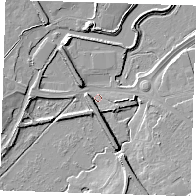 Shaded relief map of the ground around DA15AA, computed from Environment Agency LiDAR. The ground here sits at about 3 m above sea level and falls 11 m across the surrounding 800 m. Surface water reaching this point runs off ground lying to the east, 4.3 m higher.