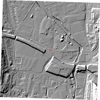 Shaded relief map of the ground around DA15AE, computed from Environment Agency LiDAR. The ground here sits at about 4 m above sea level and falls 28 m across the surrounding 800 m. Surface water reaching this point runs off ground lying to the west-south-west, 16.2 m higher.