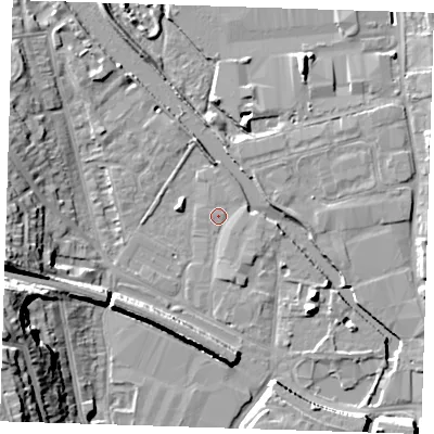 Shaded relief map of the ground around DA15AJ, computed from Environment Agency LiDAR. The ground here sits at about 4 m above sea level and falls 24 m across the surrounding 800 m. Surface water reaching this point runs off ground lying to the west-south-west, 22.0 m higher.