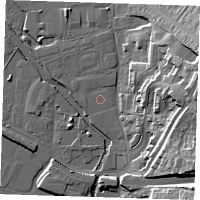 Shaded relief map of the ground around DA15BG, computed from Environment Agency LiDAR. The ground here sits at about 5 m above sea level and falls 32 m across the surrounding 800 m. The ground contributing surface water to this point lies to the east-north-east.