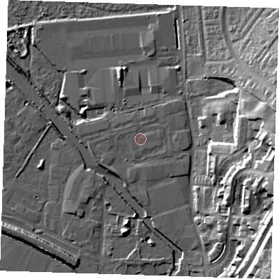 Shaded relief map of the ground around DA15BS, computed from Environment Agency LiDAR. The ground here sits at about 5 m above sea level and falls 27 m across the surrounding 800 m. Surface water reaching this point runs off ground lying to the south-west, 1.4 m higher.