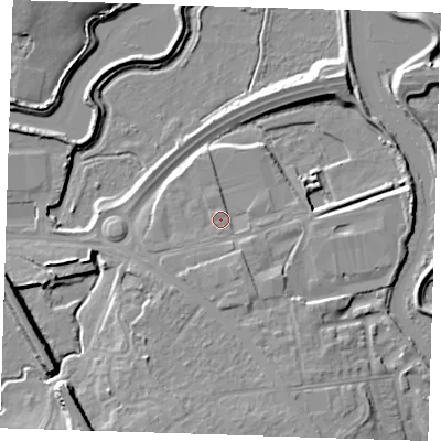 Shaded relief map of the ground around DA15BU, computed from Environment Agency LiDAR. The ground here sits at about 6 m above sea level and falls 11 m across the surrounding 800 m. Surface water reaching this point runs off ground lying to the south-south-east, 3.6 m higher.