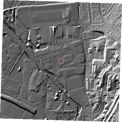 Shaded relief map of the ground around DA15BY, computed from Environment Agency LiDAR. The ground here sits at about 5 m above sea level and falls 27 m across the surrounding 800 m. Surface water reaching this point runs off ground lying to the south-west, 1.4 m higher.