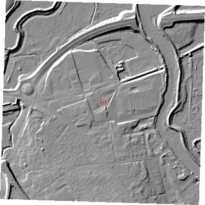 Shaded relief map of the ground around DA15ED, computed from Environment Agency LiDAR. The ground here sits at about 6 m above sea level and falls 9 m across the surrounding 800 m. Surface water reaching this point runs off ground lying to the west-south-west, 3.3 m higher.