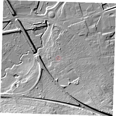 Shaded relief map of the ground around DA15EH, computed from Environment Agency LiDAR. The ground here sits at about 7 m above sea level and falls 20 m across the surrounding 800 m. Surface water reaching this point runs off ground lying to the east, 2.1 m higher.