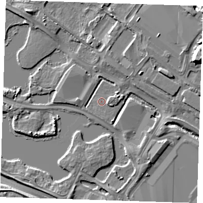 Shaded relief map of the ground around DA15FD, computed from Environment Agency LiDAR. The ground here sits at about 3 m above sea level and falls 12 m across the surrounding 800 m. Surface water reaching this point runs off ground lying to the north-east, 6.4 m higher.