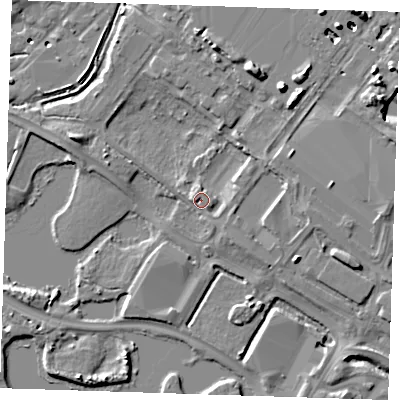 Shaded relief map of the ground around DA15FE, computed from Environment Agency LiDAR. The ground here sits at about 4 m above sea level and falls 11 m across the surrounding 800 m. Surface water reaching this point runs off ground lying to the east-north-east, 3.4 m higher.