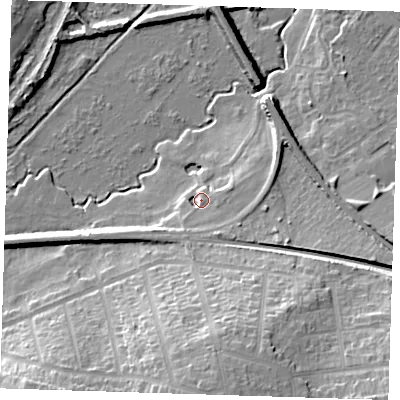 Shaded relief map of the ground around DA15FH, computed from Environment Agency LiDAR. The ground here sits at about 7 m above sea level and falls 24 m across the surrounding 800 m. Surface water reaching this point runs off ground lying to the south, 20.1 m higher.