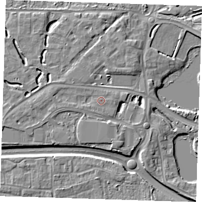 Shaded relief map of the ground around DA15FJ, computed from Environment Agency LiDAR. The ground here sits at about 6 m above sea level and falls 7 m across the surrounding 800 m. Surface water reaching this point runs off ground lying to the west-south-west, 1.1 m higher.