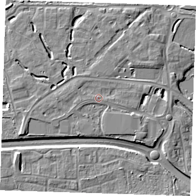 Shaded relief map of the ground around DA15FL, computed from Environment Agency LiDAR. The ground here sits at about 7 m above sea level and falls 9 m across the surrounding 800 m. Surface water reaching this point runs off ground lying to the west-south-west, 1.9 m higher.