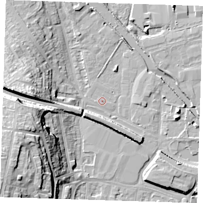 Shaded relief map of the ground around DA15FS, computed from Environment Agency LiDAR. The ground here sits at about 4 m above sea level and falls 29 m across the surrounding 800 m. Surface water reaching this point runs off ground lying to the south-west, 7.0 m higher.
