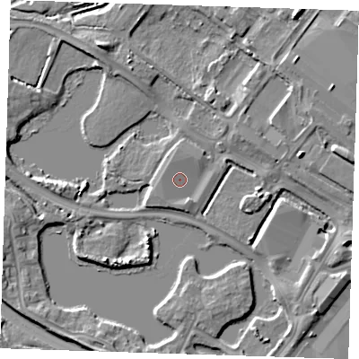 Shaded relief map of the ground around DA15FU, computed from Environment Agency LiDAR. The ground here sits at about 3 m above sea level and falls 8 m across the surrounding 800 m. Surface water reaching this point runs off ground lying to the south-west, 1.3 m higher.