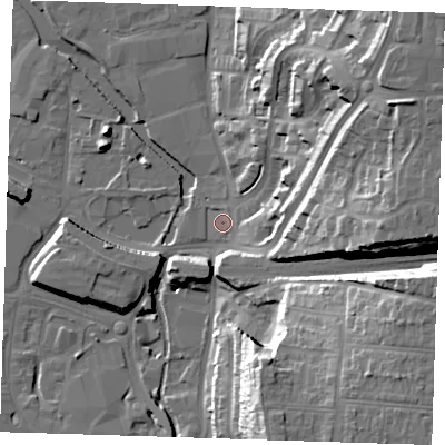 Shaded relief map of the ground around DA15FY, computed from Environment Agency LiDAR. The ground here sits at about 5 m above sea level and falls 32 m across the surrounding 800 m. Surface water reaching this point runs off ground lying to the east-north-east, 28.9 m higher.