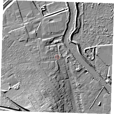 Shaded relief map of the ground around DA15FZ, computed from Environment Agency LiDAR. The ground here sits at about 6 m above sea level and falls 16 m across the surrounding 800 m. Surface water reaching this point runs off ground lying to the south-south-west, 3.6 m higher.
