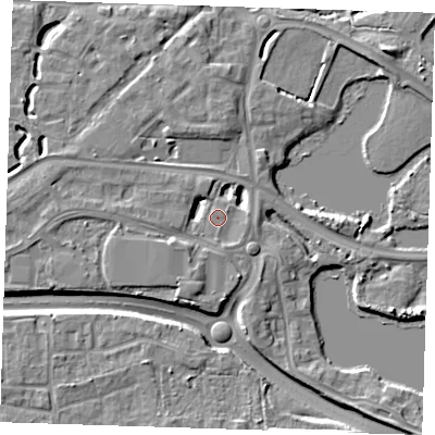 Shaded relief map of the ground around DA15GA, computed from Environment Agency LiDAR. The ground here sits at about 5 m above sea level and falls 7 m across the surrounding 800 m. Surface water reaching this point runs off ground lying to the south, 0.8 m higher.