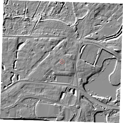 Shaded relief map of the ground around DA15GB, computed from Environment Agency LiDAR. The ground here sits at about 6 m above sea level and falls 9 m across the surrounding 800 m. Surface water reaching this point runs off ground lying to the east, 0.7 m higher.