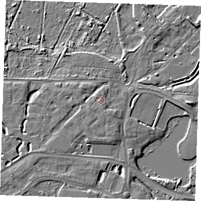 Shaded relief map of the ground around DA15GD, computed from Environment Agency LiDAR. The ground here sits at about 6 m above sea level and falls 10 m across the surrounding 800 m. Surface water reaching this point runs off ground lying to the north-west, 1.3 m higher.