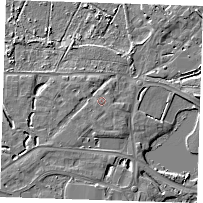 Shaded relief map of the ground around DA15GE, computed from Environment Agency LiDAR. The ground here sits at about 6 m above sea level and falls 9 m across the surrounding 800 m. Surface water reaching this point runs off ground lying to the south-east, 0.7 m higher.