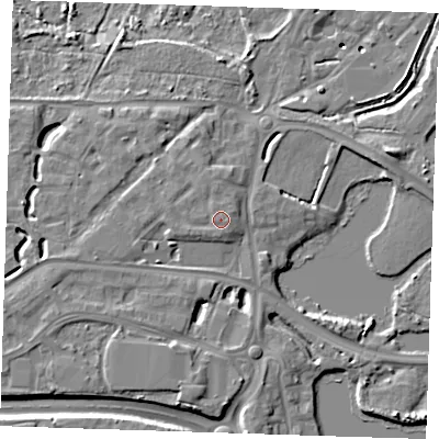 Shaded relief map of the ground around DA15GN, computed from Environment Agency LiDAR. The ground here sits at about 6 m above sea level and falls 9 m across the surrounding 800 m. Surface water reaching this point runs off ground lying to the east-south-east, 0.7 m higher.