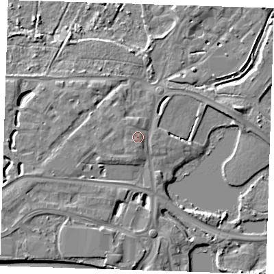 Shaded relief map of the ground around DA15GP, computed from Environment Agency LiDAR. The ground here sits at about 6 m above sea level and falls 9 m across the surrounding 800 m. Surface water reaching this point runs off ground lying to the south-south-west, 0.7 m higher.