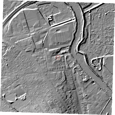 Shaded relief map of the ground around DA15GQ, computed from Environment Agency LiDAR. The ground here sits at about 6 m above sea level and falls 13 m across the surrounding 800 m. Surface water reaching this point runs off ground lying to the south-south-west, 4.4 m higher.
