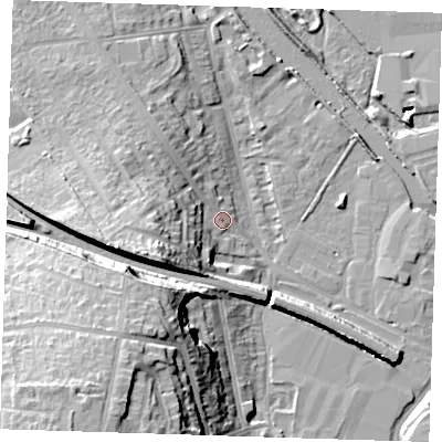 Shaded relief map of the ground around DA15GR, computed from Environment Agency LiDAR. The ground here sits at about 6 m above sea level and falls 29 m across the surrounding 800 m. Surface water reaching this point runs off ground lying to the west-south-west, 16.3 m higher.