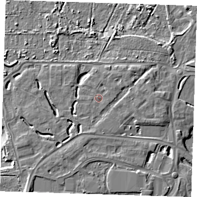 Shaded relief map of the ground around DA15GS, computed from Environment Agency LiDAR. The ground here sits at about 6 m above sea level and falls 9 m across the surrounding 800 m. Surface water reaching this point runs off ground lying to the west-south-west, 1.2 m higher.