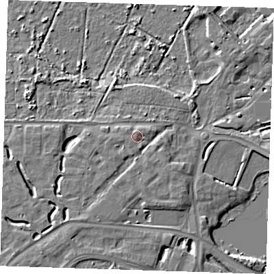 Shaded relief map of the ground around DA15GW, computed from Environment Agency LiDAR. The ground here sits at about 6 m above sea level and falls 9 m across the surrounding 800 m. Surface water reaching this point runs off ground lying to the west, 1.4 m higher.