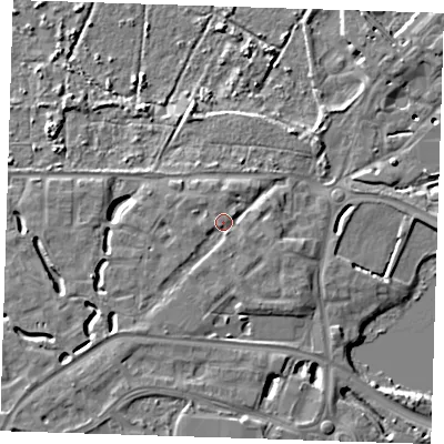 Shaded relief map of the ground around DA15GY, computed from Environment Agency LiDAR. The ground here sits at about 6 m above sea level and falls 10 m across the surrounding 800 m. Surface water reaching this point runs off ground lying to the south-west, 3.1 m higher.