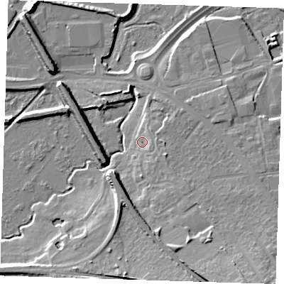 Shaded relief map of the ground around DA15HL, computed from Environment Agency LiDAR. The ground here sits at about 5 m above sea level and falls 14 m across the surrounding 800 m. Surface water reaching this point runs off ground lying to the east-south-east, 4.1 m higher.