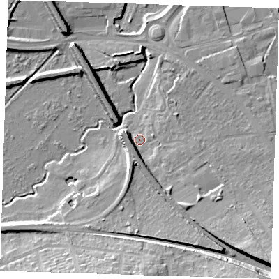 Shaded relief map of the ground around DA15HP, computed from Environment Agency LiDAR. The ground here sits at about 4 m above sea level and falls 20 m across the surrounding 800 m. Surface water reaching this point runs off ground lying to the south-east, 15.1 m higher.