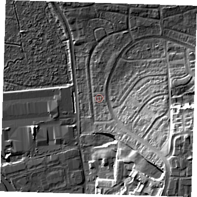 Shaded relief map of the ground around DA15JJ, computed from Environment Agency LiDAR. The ground here sits at about 6 m above sea level and falls 33 m across the surrounding 800 m. Surface water reaching this point runs off ground lying to the east-south-east, 2.3 m higher.