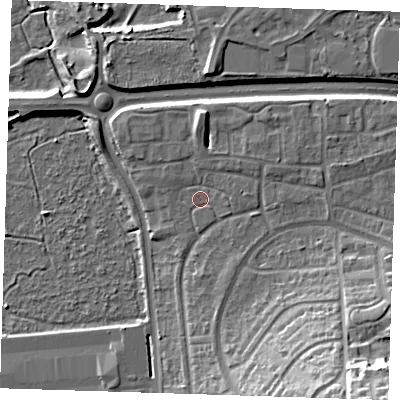 Shaded relief map of the ground around DA15JL, computed from Environment Agency LiDAR. The ground here sits at about 6 m above sea level and falls 27 m across the surrounding 800 m. Surface water reaching this point runs off ground lying to the north-east, 1.4 m higher.