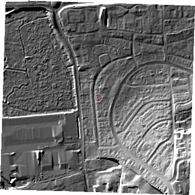 Shaded relief map of the ground around DA15JW, computed from Environment Agency LiDAR. The ground here sits at about 6 m above sea level and falls 32 m across the surrounding 800 m. Surface water reaching this point runs off ground lying to the south-east, 28.3 m higher.