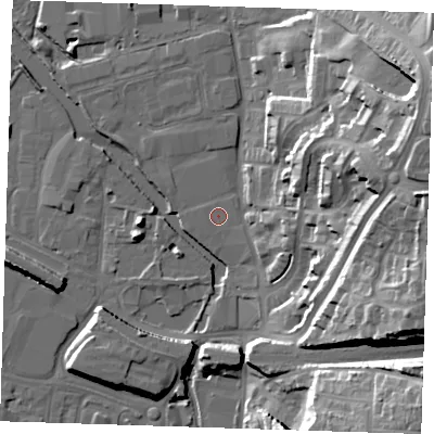 Shaded relief map of the ground around DA15LR, computed from Environment Agency LiDAR. The ground here sits at about 5 m above sea level and falls 32 m across the surrounding 800 m. The ground contributing surface water to this point lies to the west-north-west.