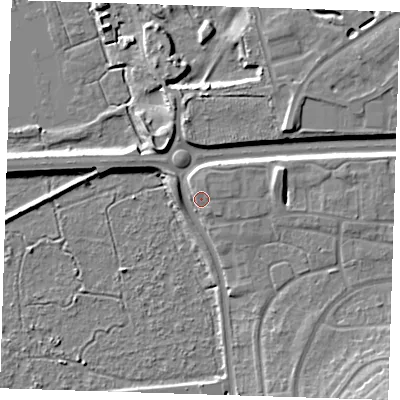 Shaded relief map of the ground around DA15LY, computed from Environment Agency LiDAR. The ground here sits at about 7 m above sea level and falls 13 m across the surrounding 800 m. Surface water reaching this point runs off ground lying to the north-north-east, 2.3 m higher.