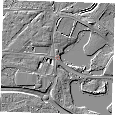 Shaded relief map of the ground around DA15PF, computed from Environment Agency LiDAR. The ground here sits at about 4 m above sea level and falls 7 m across the surrounding 800 m. Surface water reaching this point runs off ground lying to the west, 5.3 m higher.