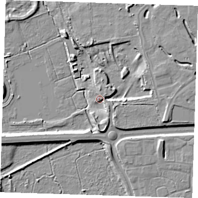 Shaded relief map of the ground around DA15PN, computed from Environment Agency LiDAR. The ground here sits at about 5 m above sea level and falls 9 m across the surrounding 800 m. Surface water reaching this point runs off ground lying to the south-east, 4.8 m higher.