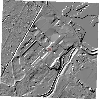 Shaded relief map of the ground around DA15PP, computed from Environment Agency LiDAR. The ground here sits at about 3 m above sea level and falls 12 m across the surrounding 800 m. Surface water reaching this point runs off ground lying to the south-south-east, 9.6 m higher.