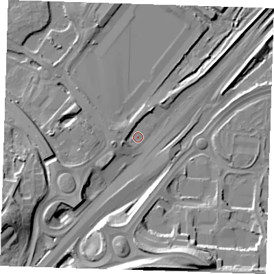 Shaded relief map of the ground around DA15PR, computed from Environment Agency LiDAR. The ground here sits at about 3 m above sea level and falls 28 m across the surrounding 800 m. Surface water reaching this point runs off ground lying to the west-south-west, 3.8 m higher.