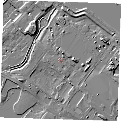 Shaded relief map of the ground around DA15PT, computed from Environment Agency LiDAR. The ground here sits at about 4 m above sea level and falls 11 m across the surrounding 800 m. Surface water reaching this point runs off ground lying to the north-north-east, 3.8 m higher.